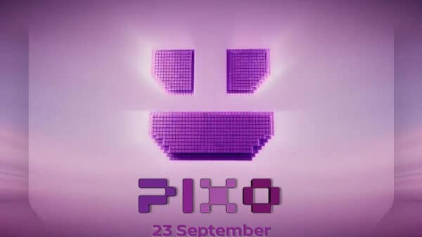 Purple teaser graphic for Nissan PIXO. A stylised pixelated smiley face glows against a purple gradient background above the PIXO logo. The text “23 September” appears beneath the logo, announcing the vehicle’s reveal date. The design uses pixel-inspired graphics and neon lighting effects.