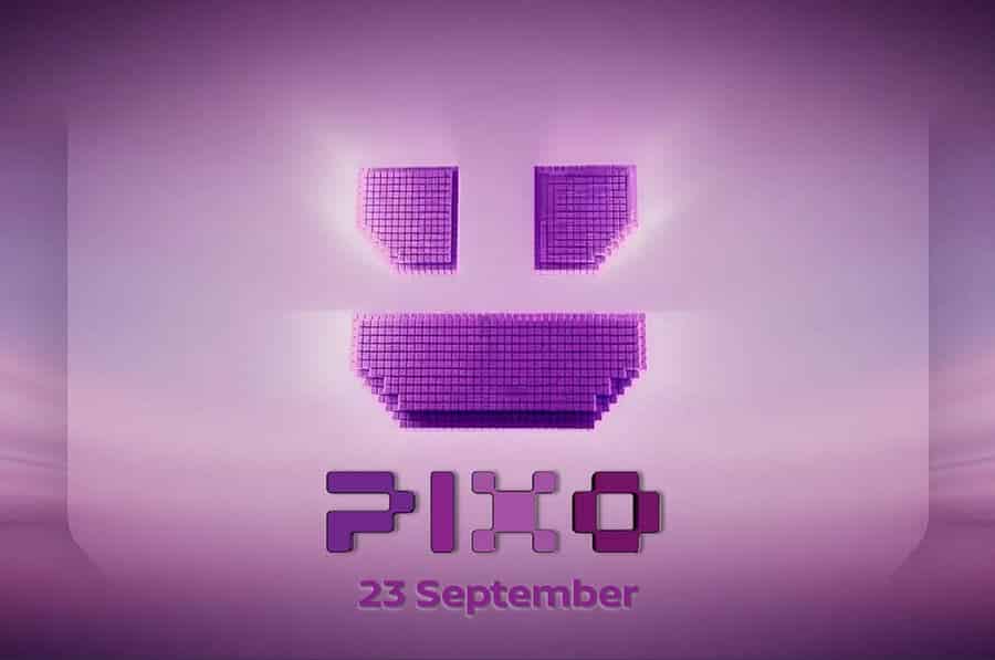 Purple teaser graphic for Nissan PIXO. A stylised pixelated smiley face glows against a purple gradient background above the PIXO logo. The text “23 September” appears beneath the logo, announcing the vehicle’s reveal date. The design uses pixel-inspired graphics and neon lighting effects.